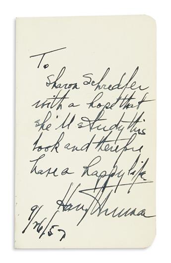 TRUMAN, HARRY S. New Testament, Signed and Inscribed, To Scharon Schredfer /